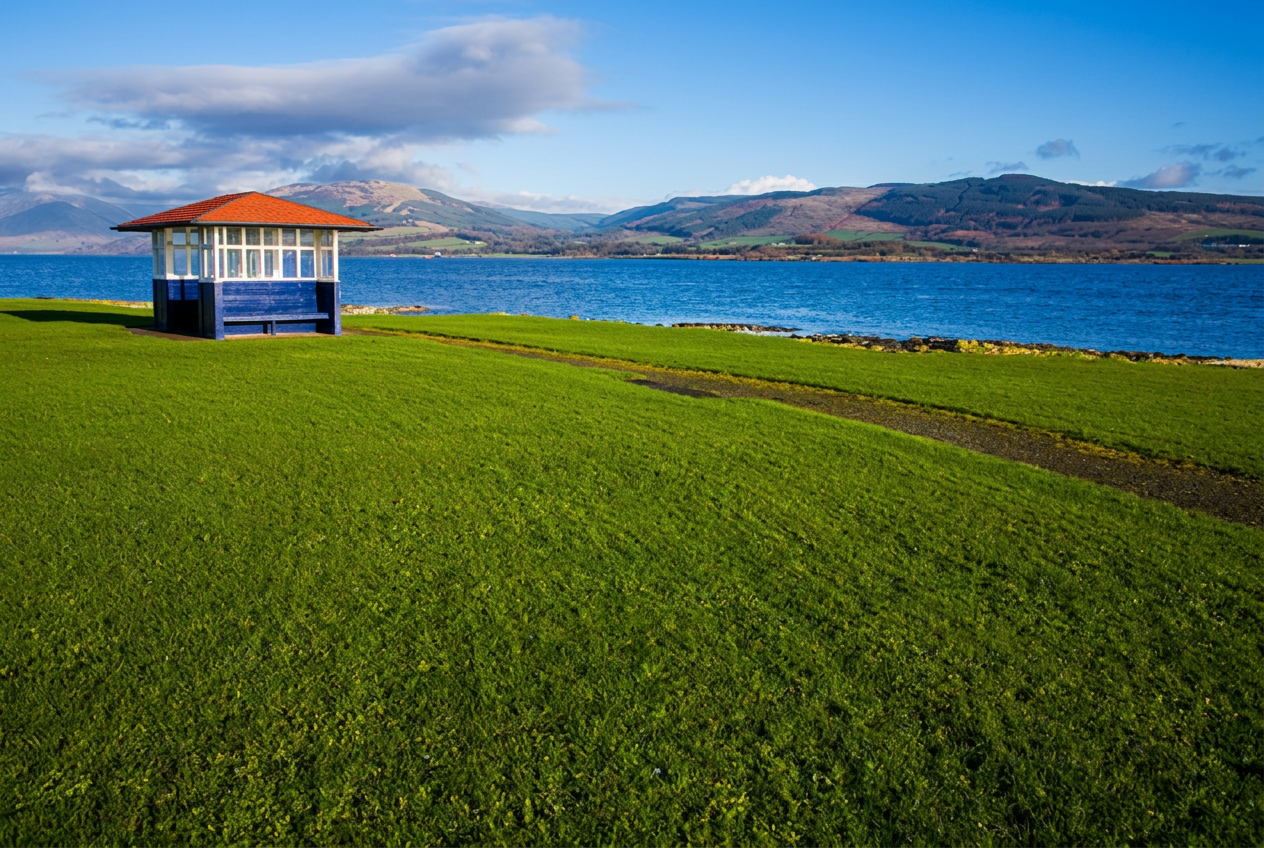 The shore shelter at Ardbeg on the road between Rothesay and Port Bannatyne, looking across to the Argyll hills