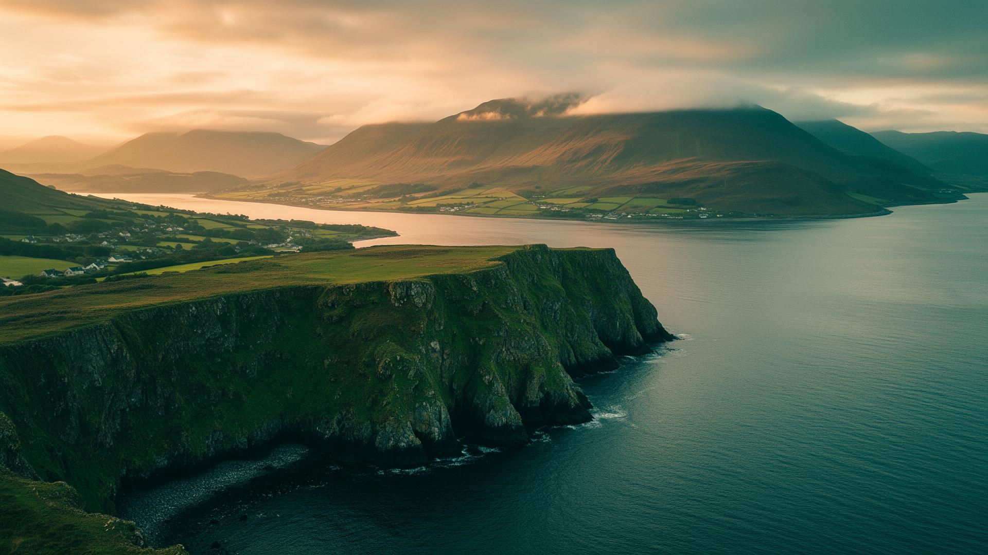 Aerial view of the Isle of Bute coastline at golden hour